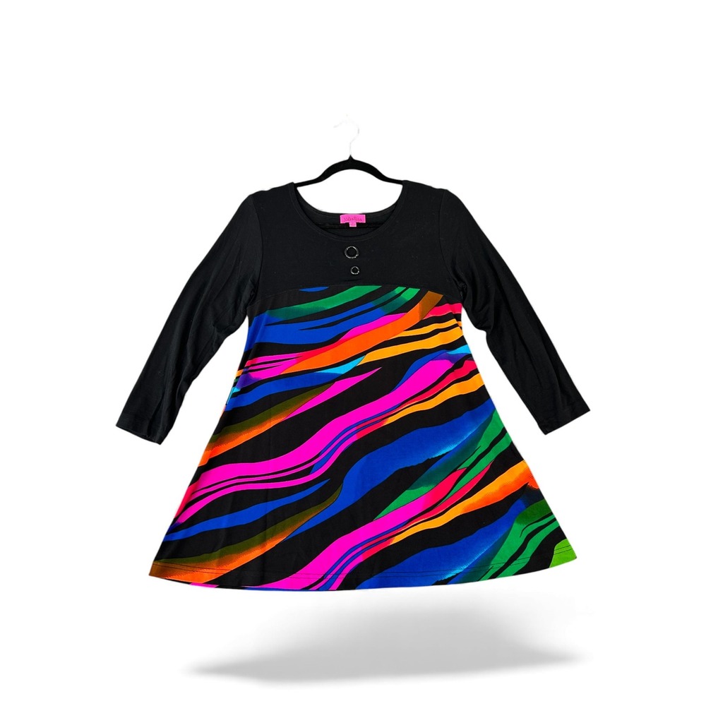MAX&RINA Abstract Print Long Sleeve A Line‎ Dress Black Multicolor Size S